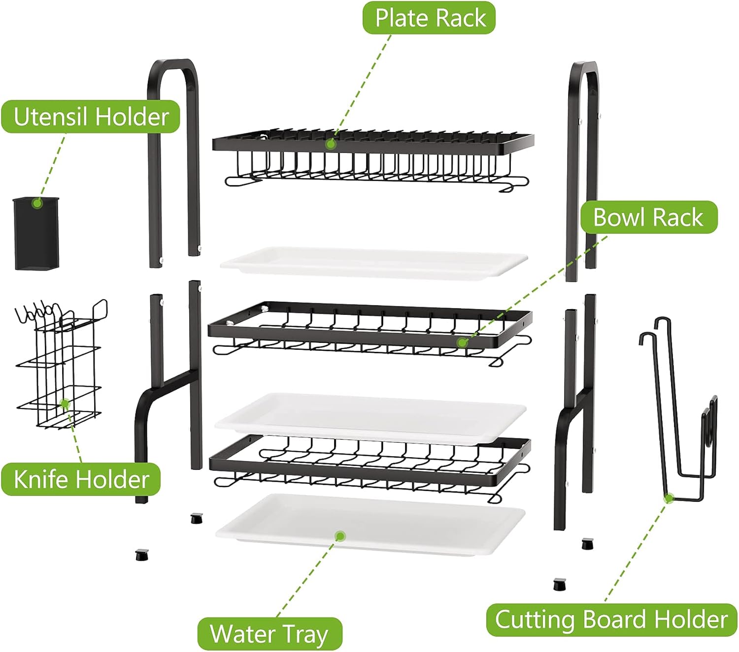 Removable drain trays and anti-slip feet on 3-tier dish drying rack stainless steel