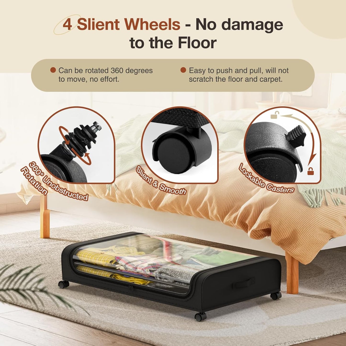 Smart Storage XXL Under Bed Rolling Storage Container with 50L Capacity, Dustproof Lid & Lockable Wheels