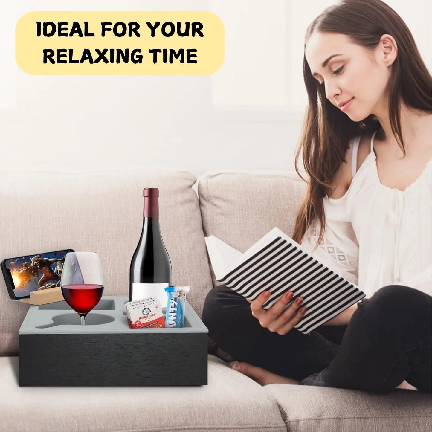 Couch tray with drink and snack storage and phone stand