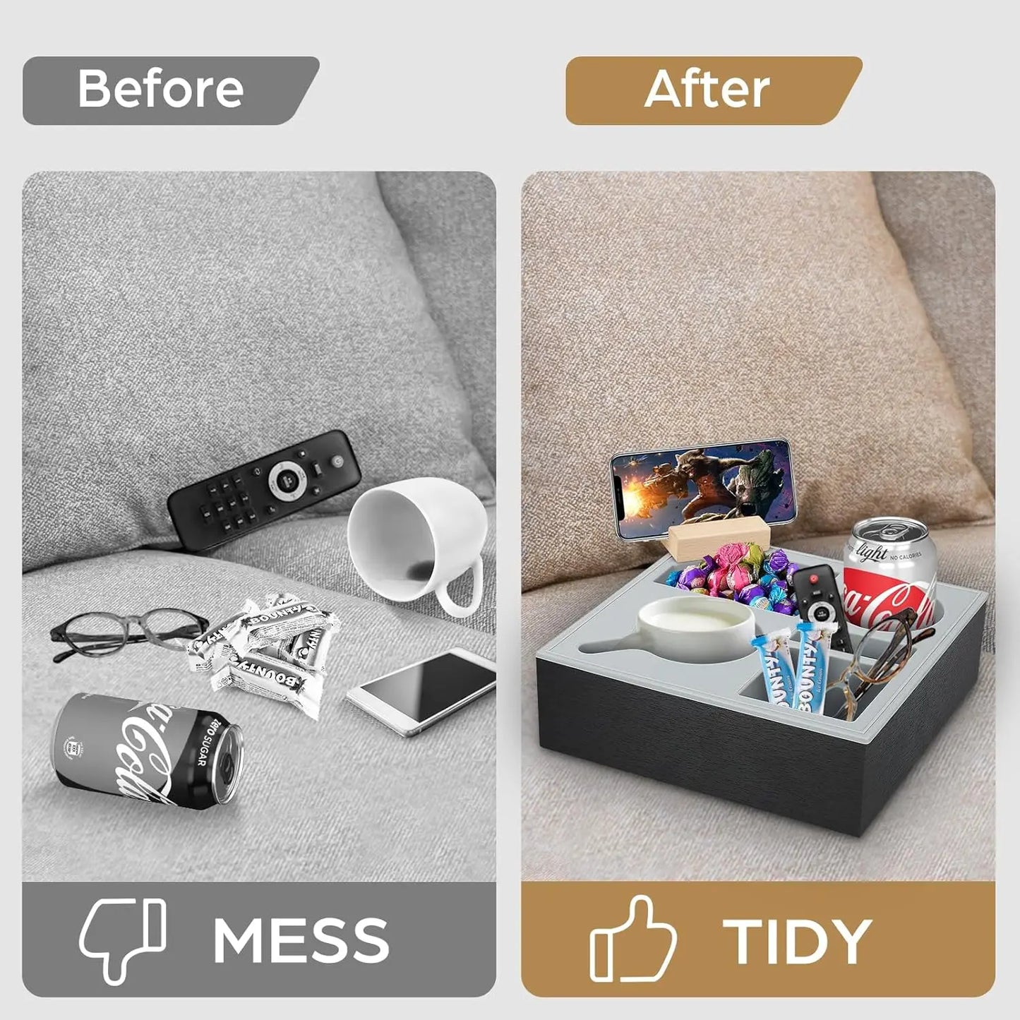 Non-slip couch cup holder with rotatable phone holder