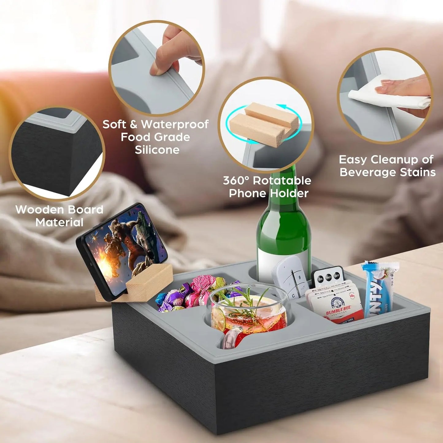 Work-from-home couch tray for snacks and devices