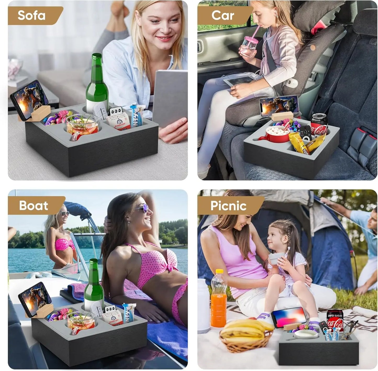 Couch Cup Holder Tray with Phone Stand – The Ultimate WFH Snack & Drink Caddy