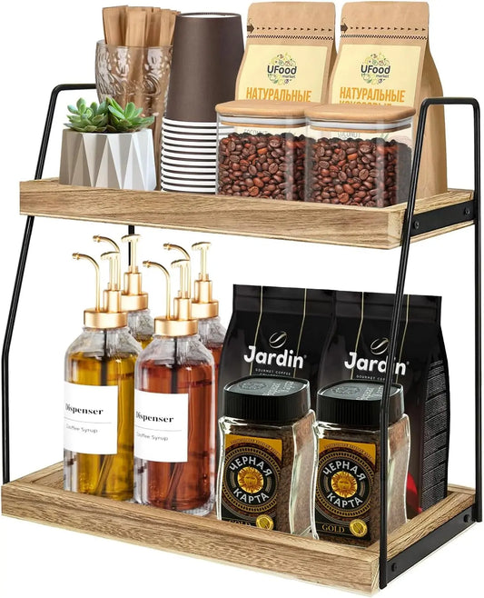 2-tier wooden coffee station organizer rack with black metal frame for kitchen storage