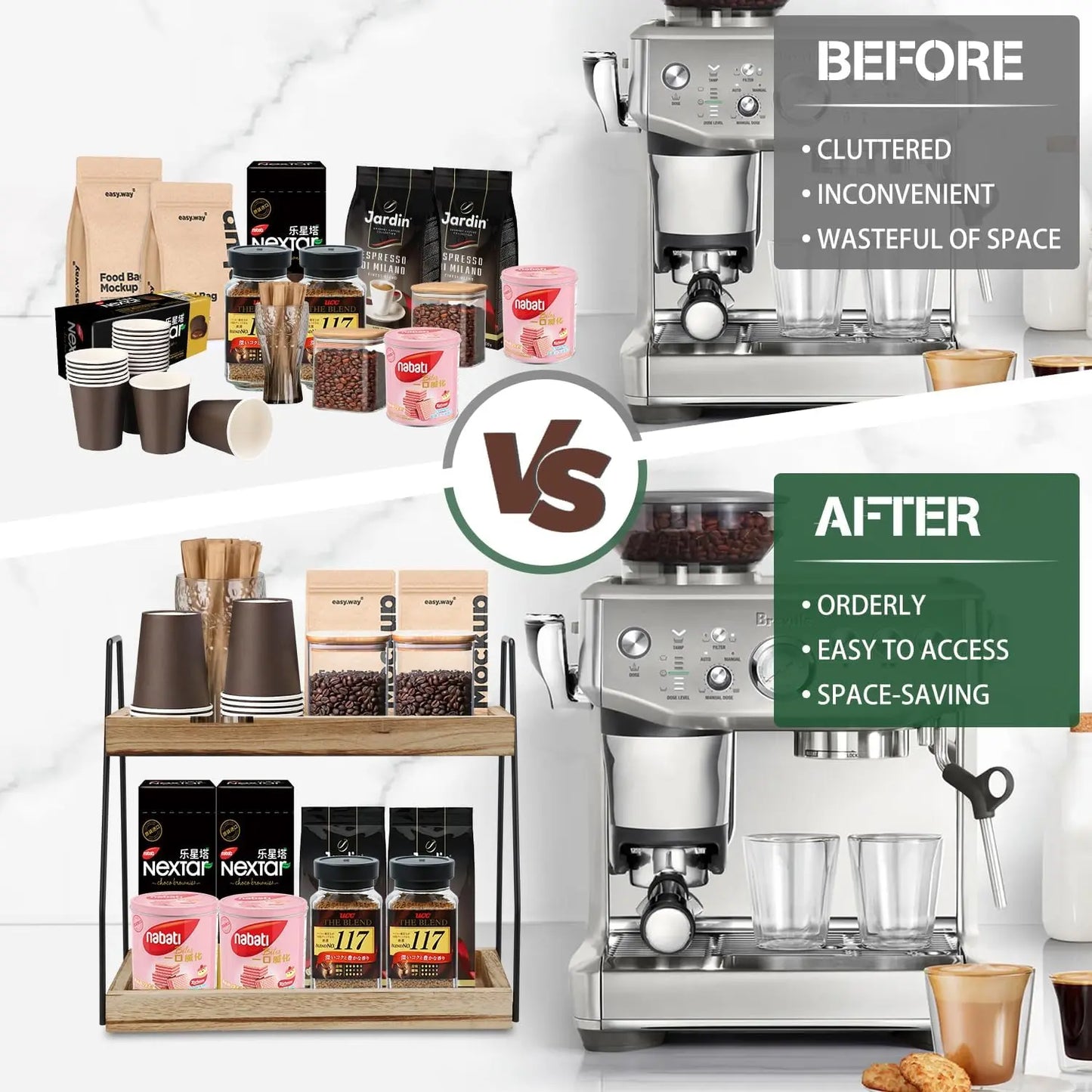 2-Tier Coffee Station Organizer Rack - Wooden Kitchen Storage for Syrups & Mugs