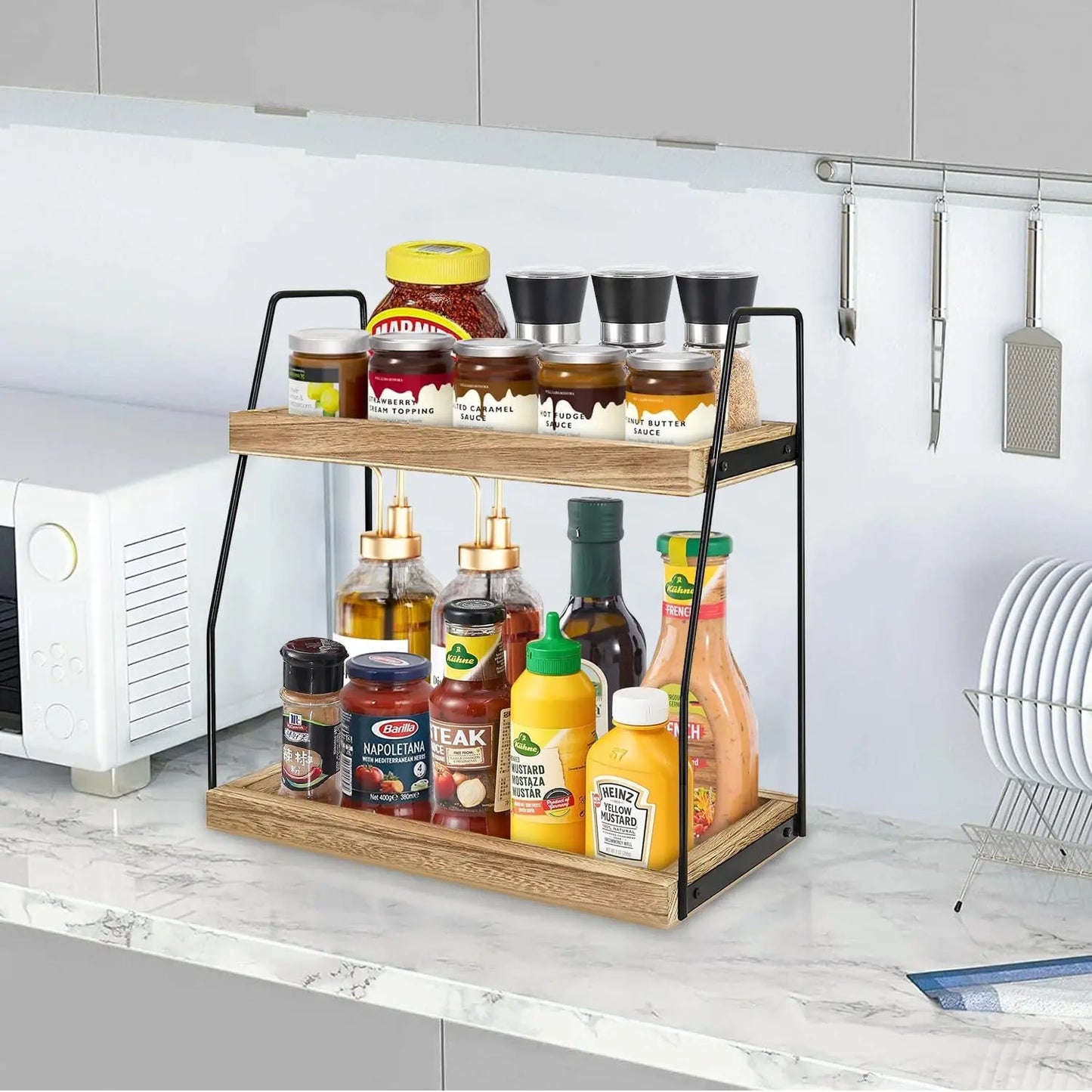 2-Tier Coffee Station Organizer Rack - Wooden Kitchen Storage for Syrups & Mugs