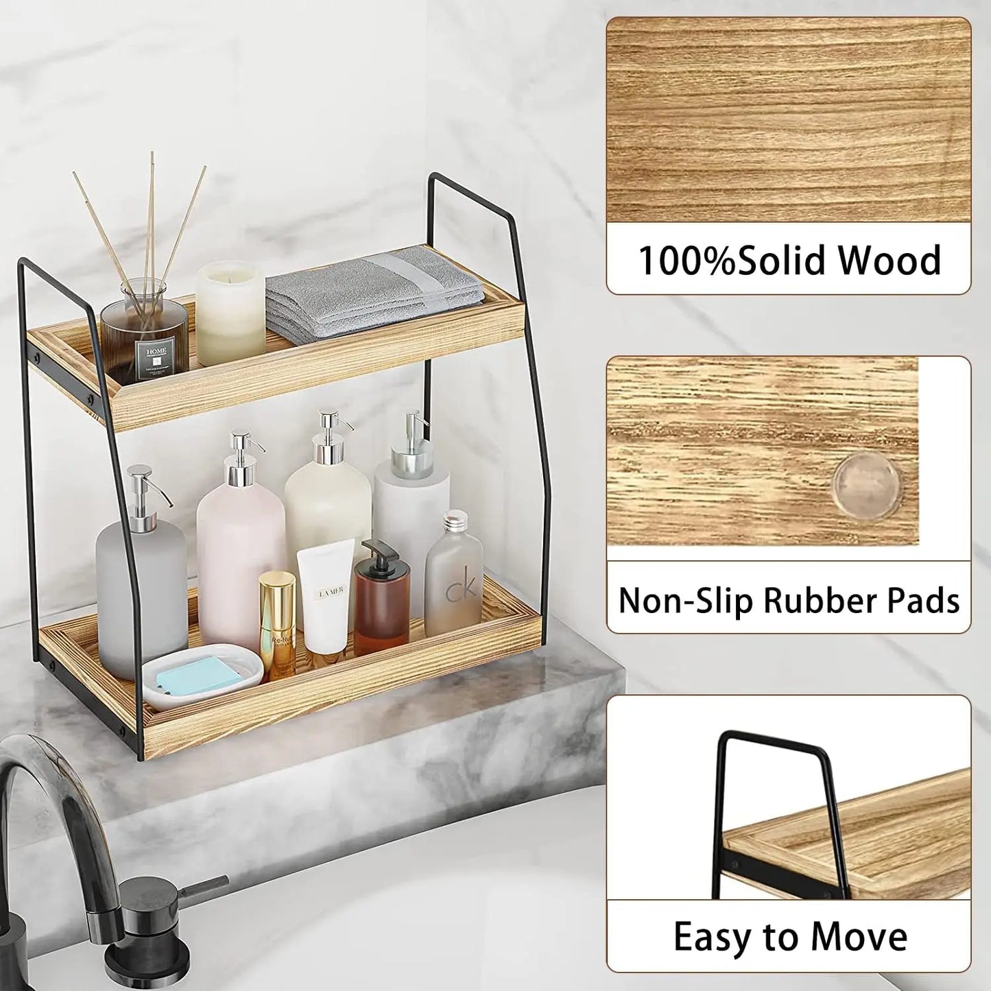 Close up wooden shelves and black metal frame of coffee station storage rack