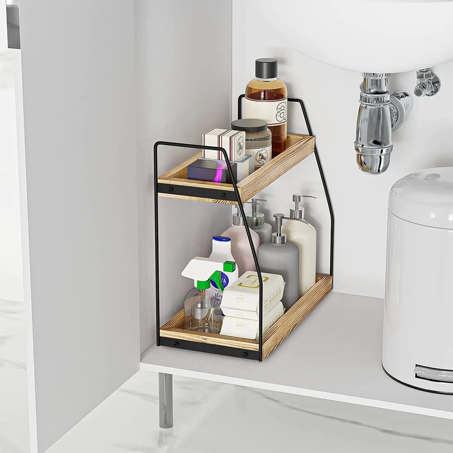 2-Tier Coffee Station Organizer Rack - Wooden Kitchen Storage for Syrups & Mugs