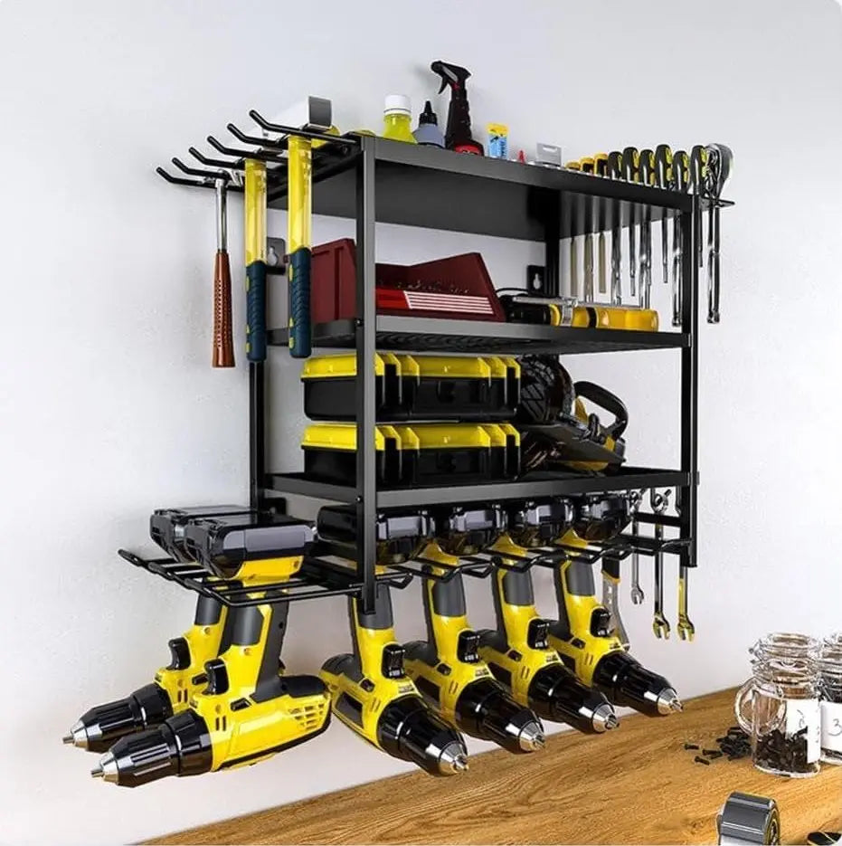 Heavy duty 4-tier power tool rack wall mount organizer showing 50kg capacity drill holders and wrench hooks