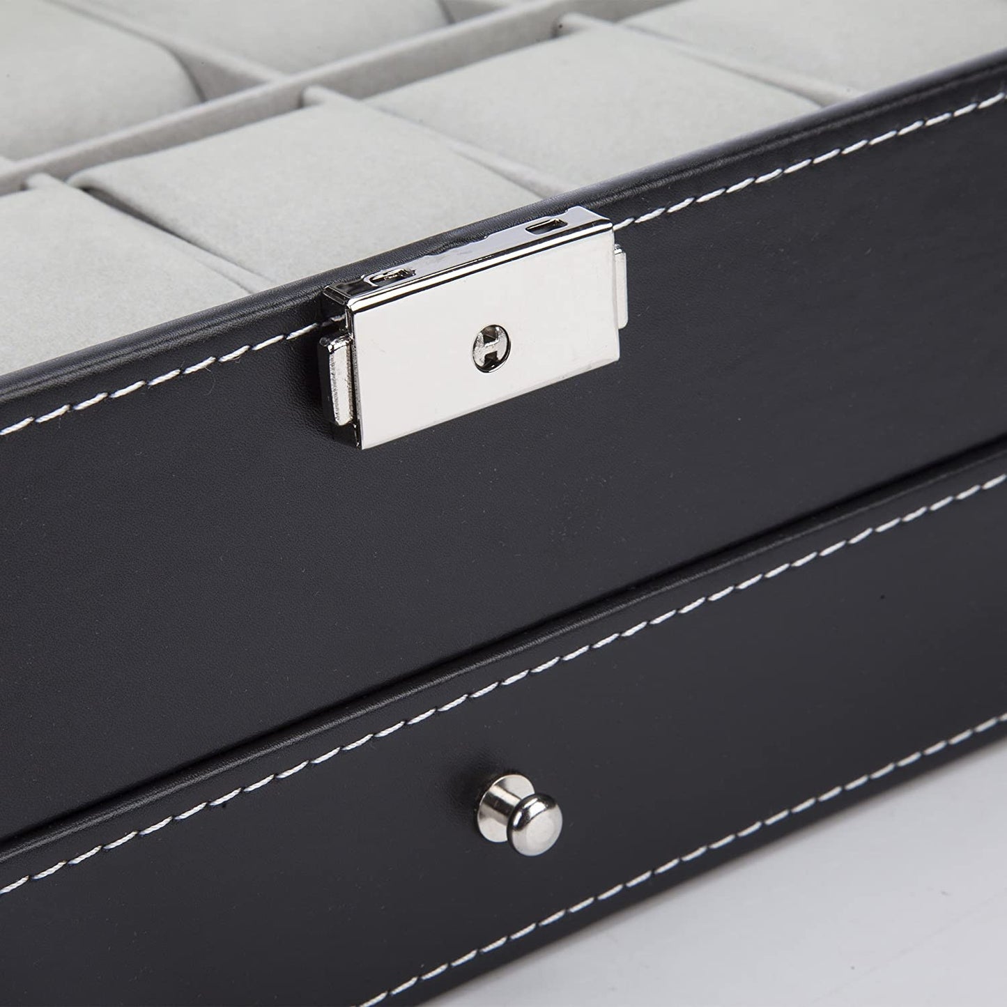 Black Leather Watch Box Jewellery Display Case with Drawers (12 Slots with 2 Layers)