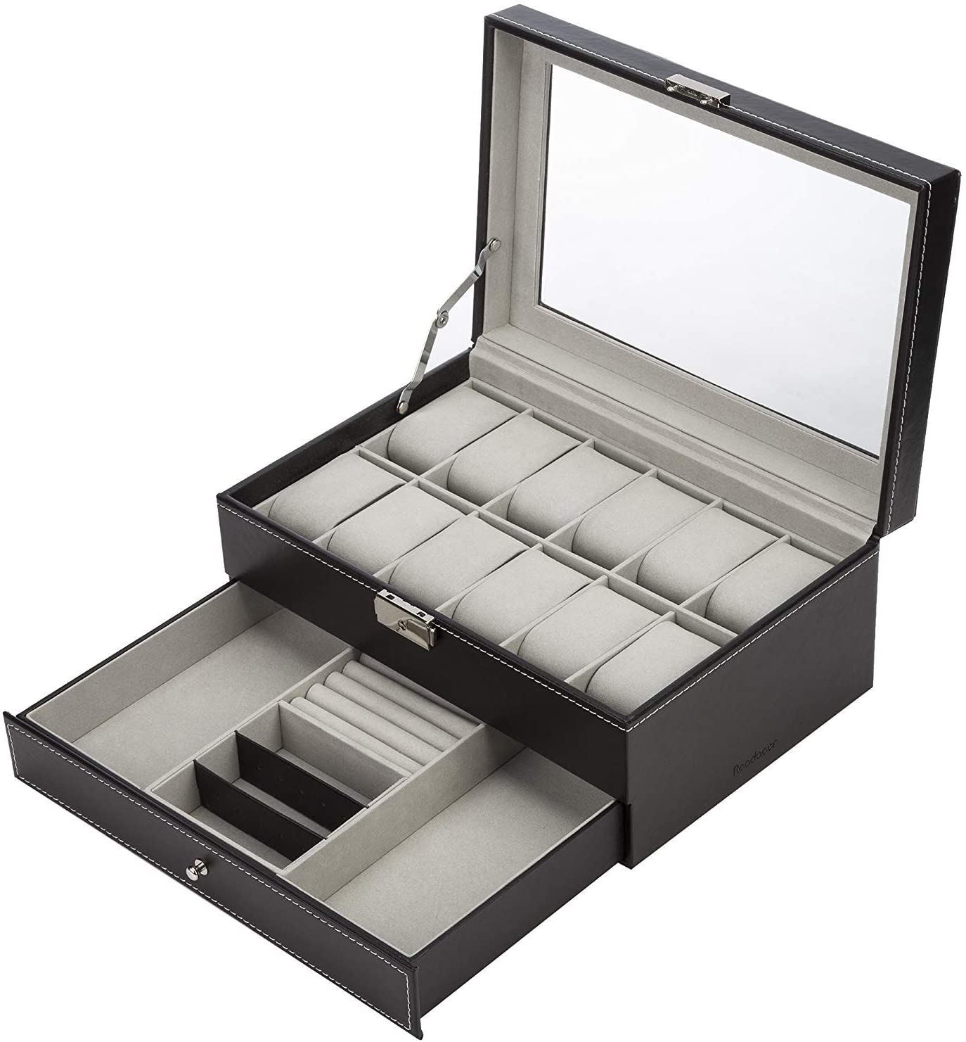 Black Leather Watch Box Jewellery Display Case with Drawers (12 Slots with 2 Layers)