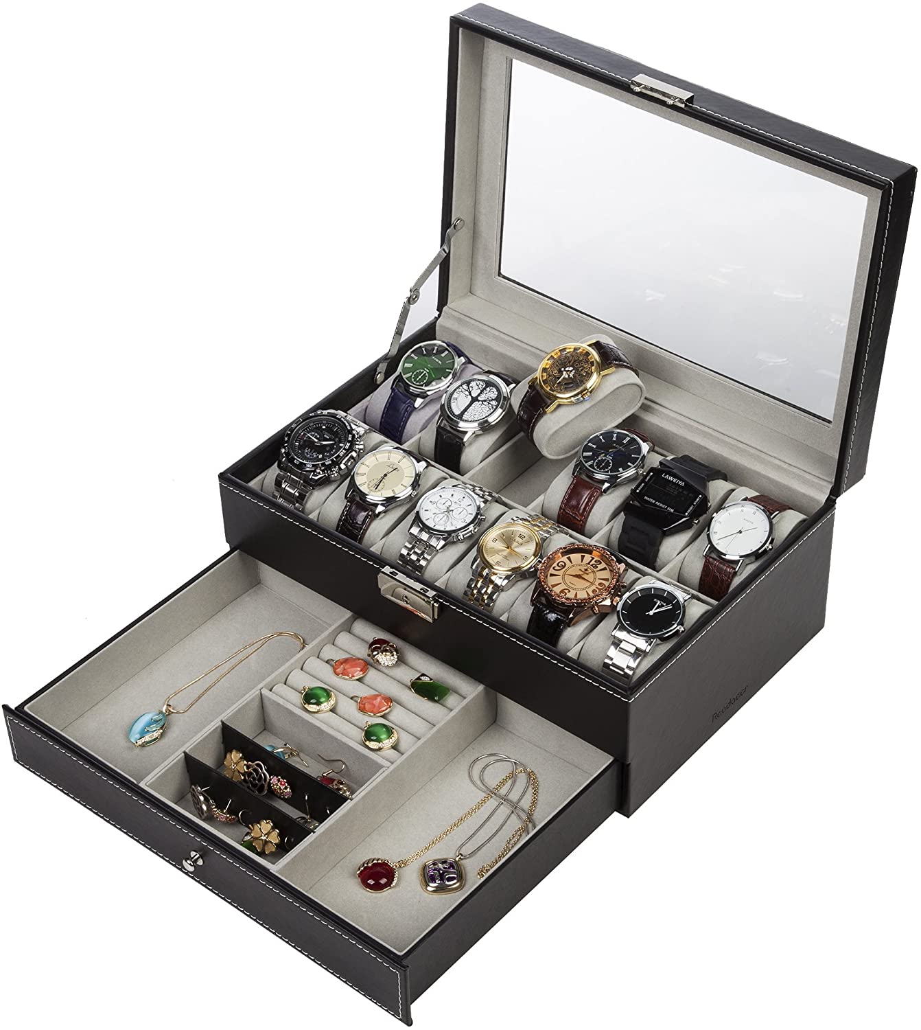 Black Leather Watch Box Jewellery Display Case with Drawers (12 Slots with 2 Layers)