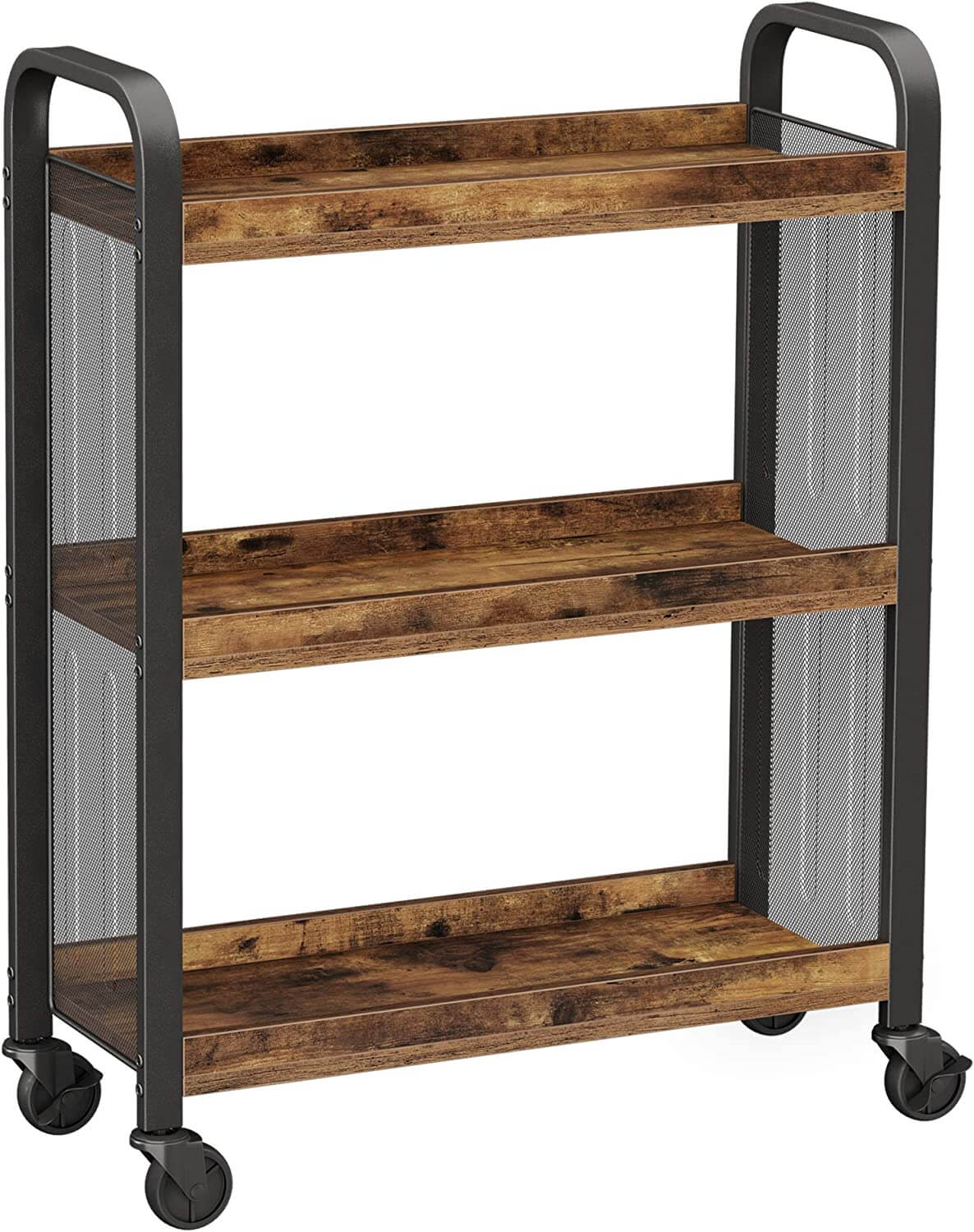 Rustic Brown Kitchen Trolley Cart with Steel Frame – Rolling Storage Shelves (66x26x85cm)