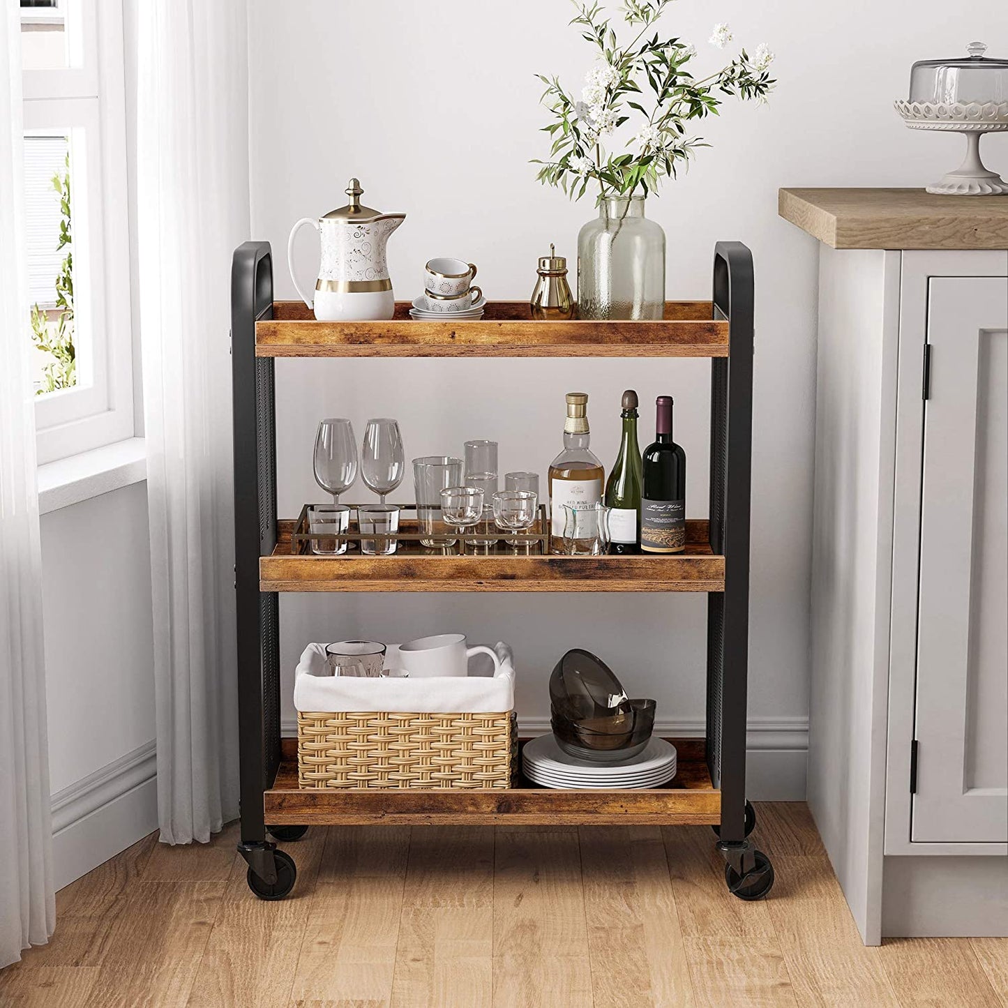 Rustic Brown Kitchen Trolley Cart with Steel Frame – Rolling Storage Shelves (66x26x85cm)
