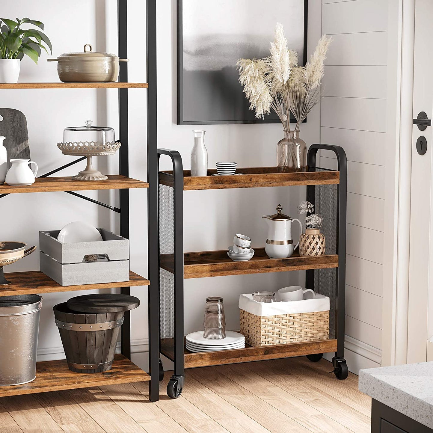 Rustic Brown Kitchen Trolley Cart with Steel Frame – Rolling Storage Shelves (66x26x85cm)