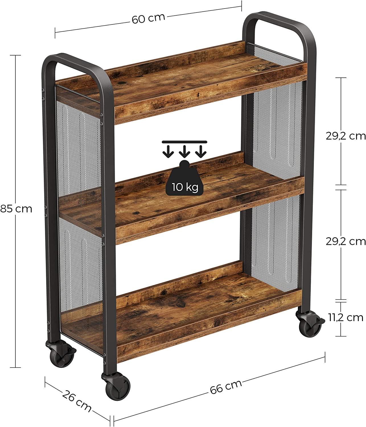 Rustic Brown Kitchen Trolley Cart with Steel Frame – Rolling Storage Shelves (66x26x85cm)