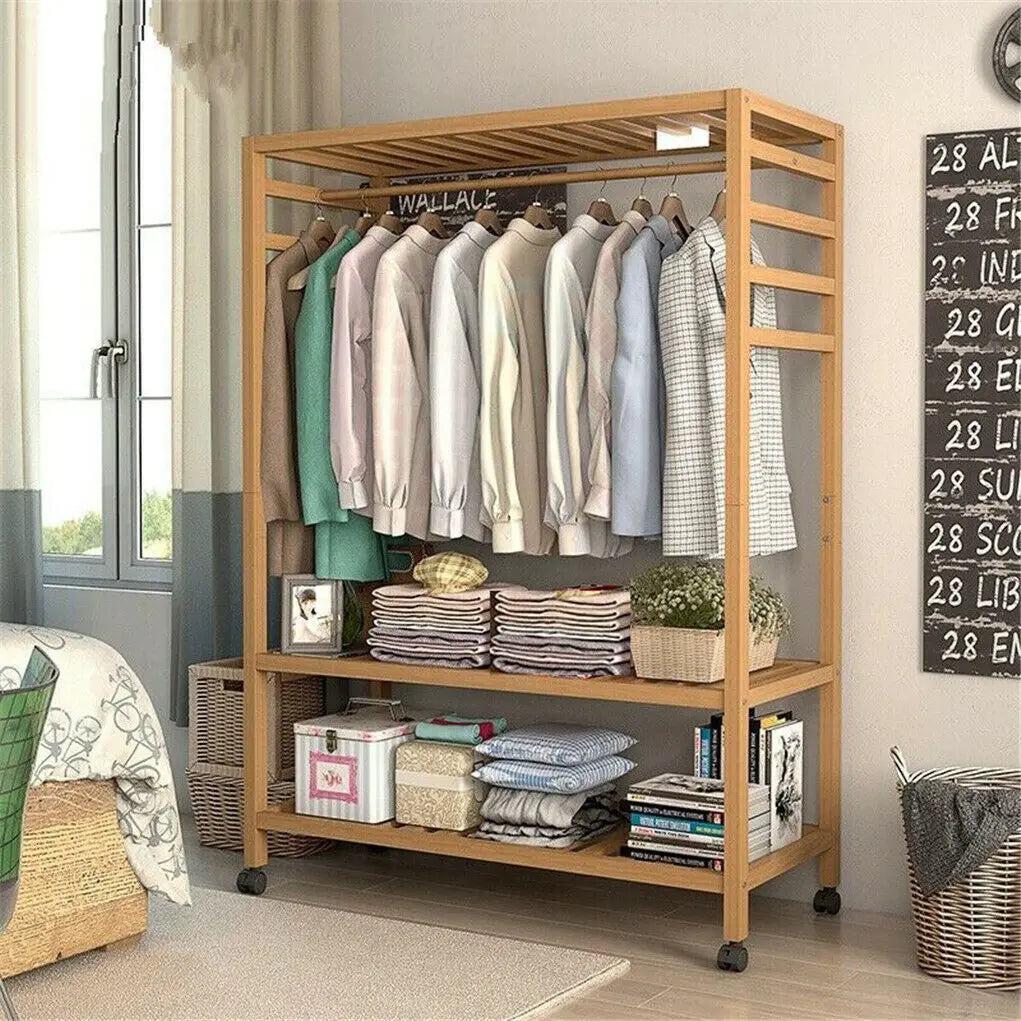 Bamboo clothes rack with wheels and 3 tiers for bedroom organisation