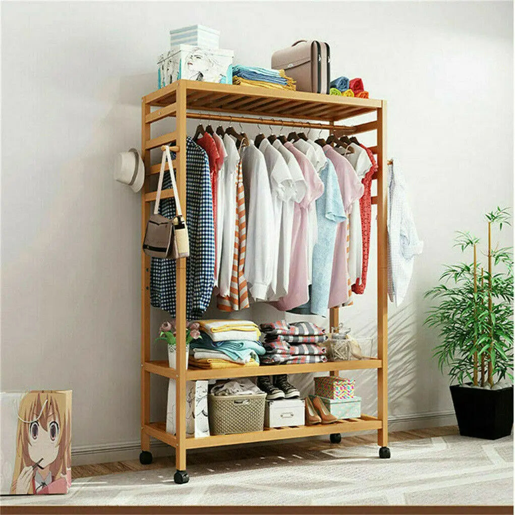 Bamboo Clothes Rack with Wheels | 3-Tier Rolling Garment Organiser