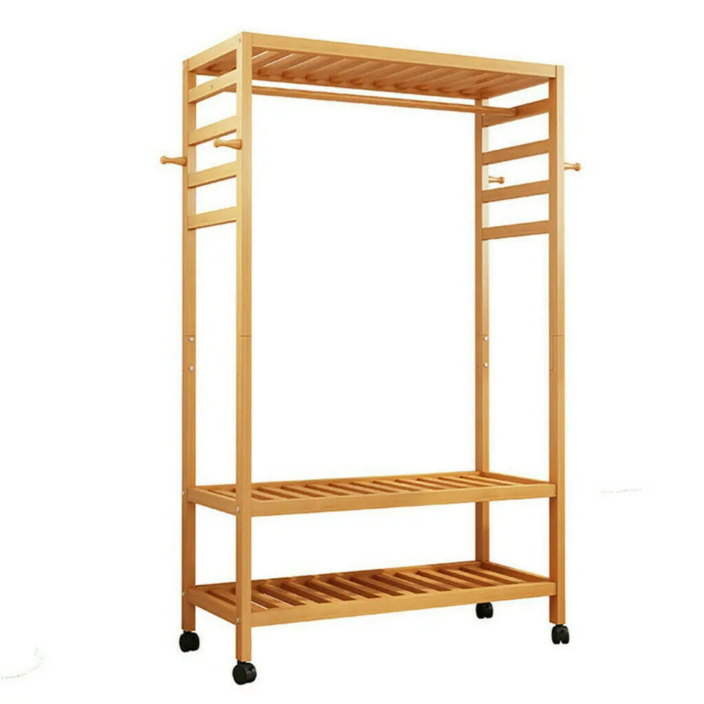 Bamboo Clothes Rack with Wheels | 3-Tier Rolling Garment Organiser