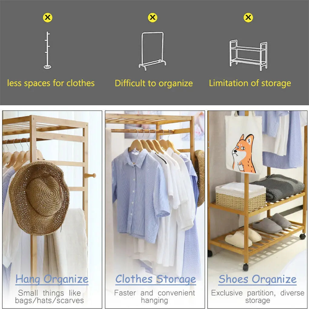 Bamboo Clothes Rack with Wheels | 3-Tier Rolling Garment Organiser