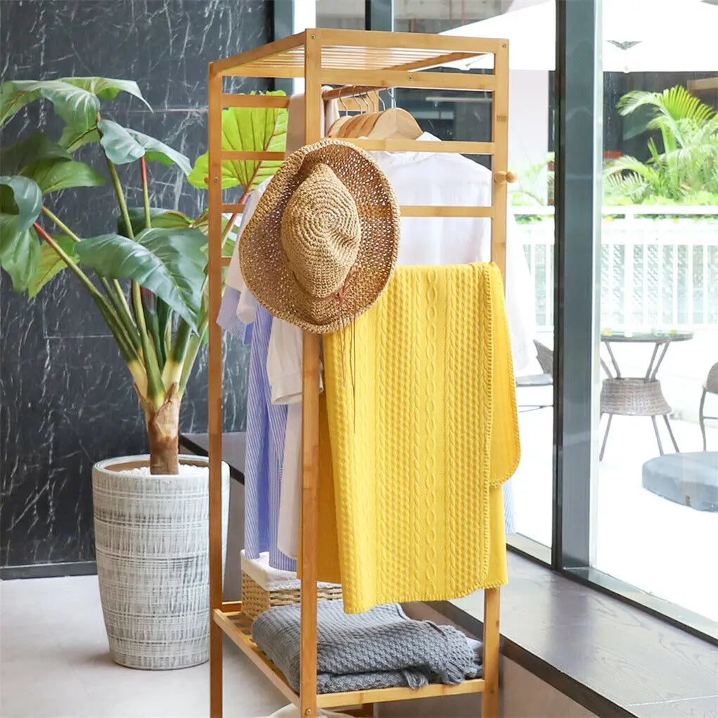 Bamboo Clothes Rack with Wheels | 3-Tier Rolling Garment Organiser