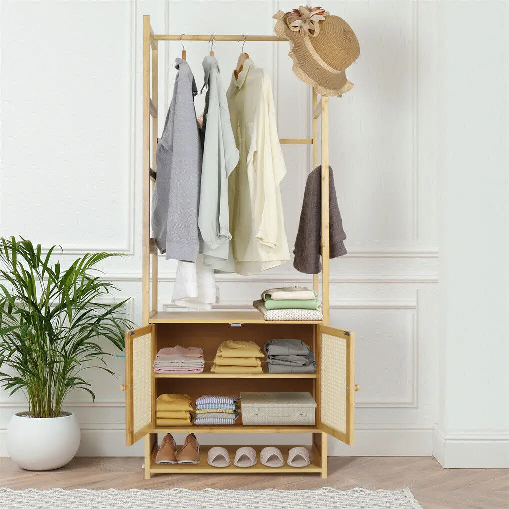 Integrated storage cabinet on bamboo clothes rack for accessories and bags