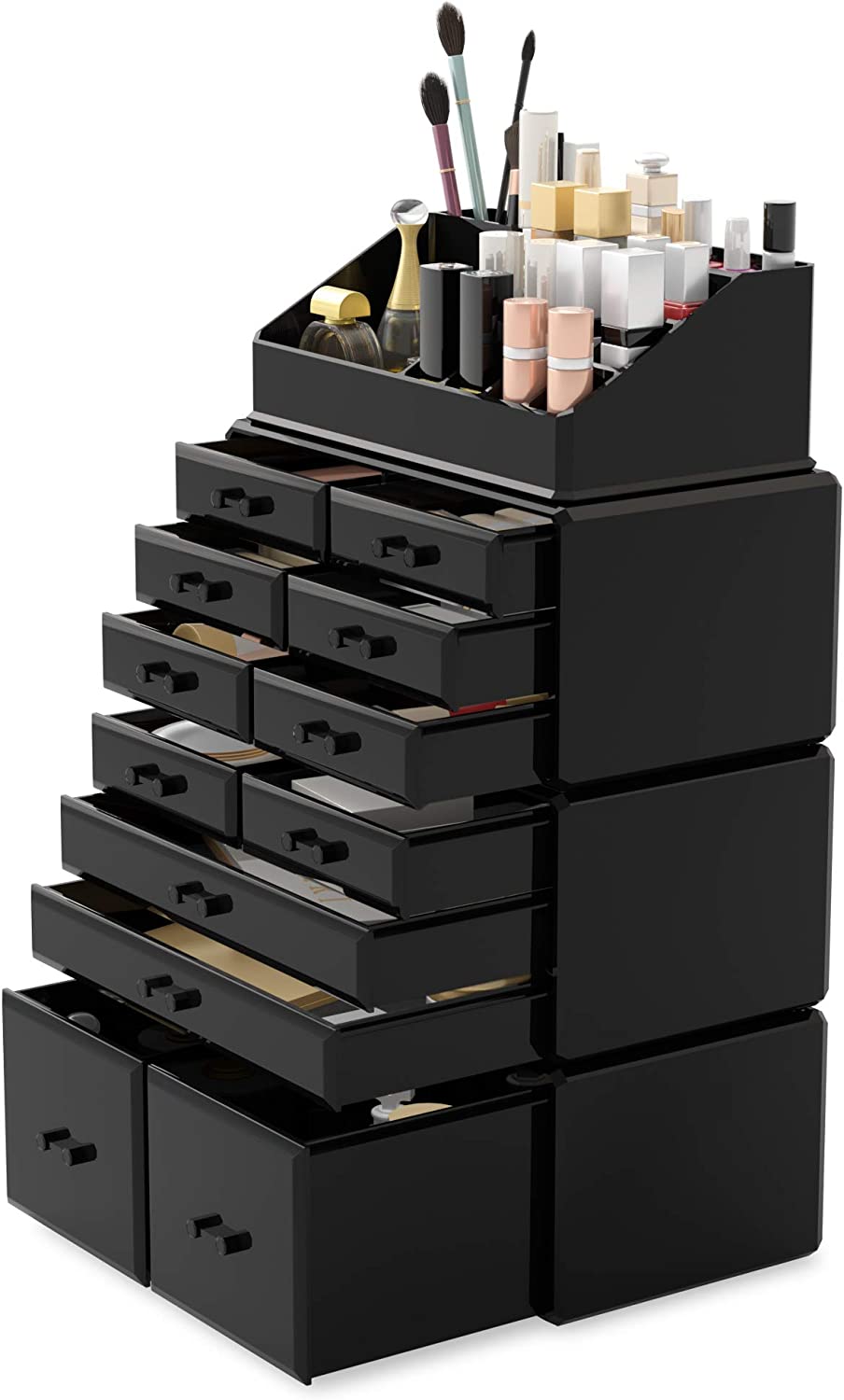 Luxury Black Makeup & Cosmetic Organizer with 12 Drawers | Modular Storage for Jewellery, Skincare & Beauty Must-Haves