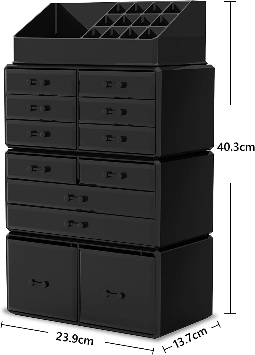 Luxury Black Makeup & Cosmetic Organizer with 12 Drawers | Modular Storage for Jewellery, Skincare & Beauty Must-Haves