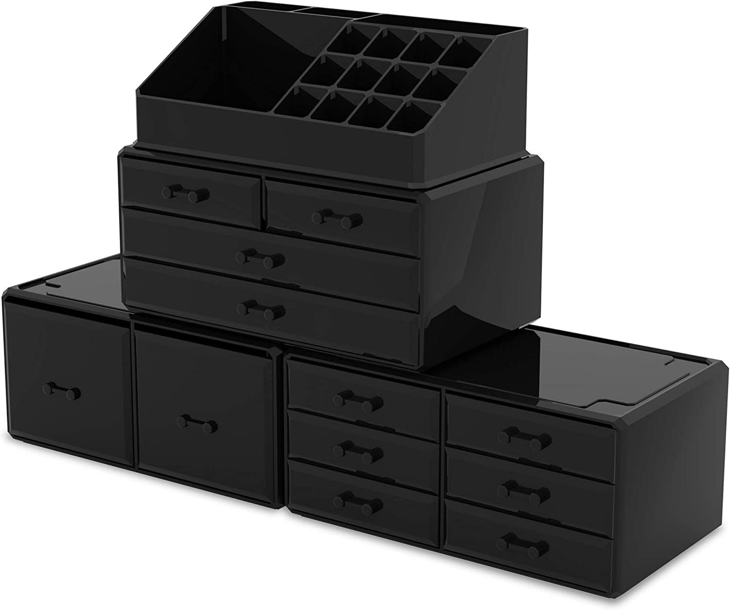 Luxury Black Makeup & Cosmetic Organizer with 12 Drawers | Modular Storage for Jewellery, Skincare & Beauty Must-Haves