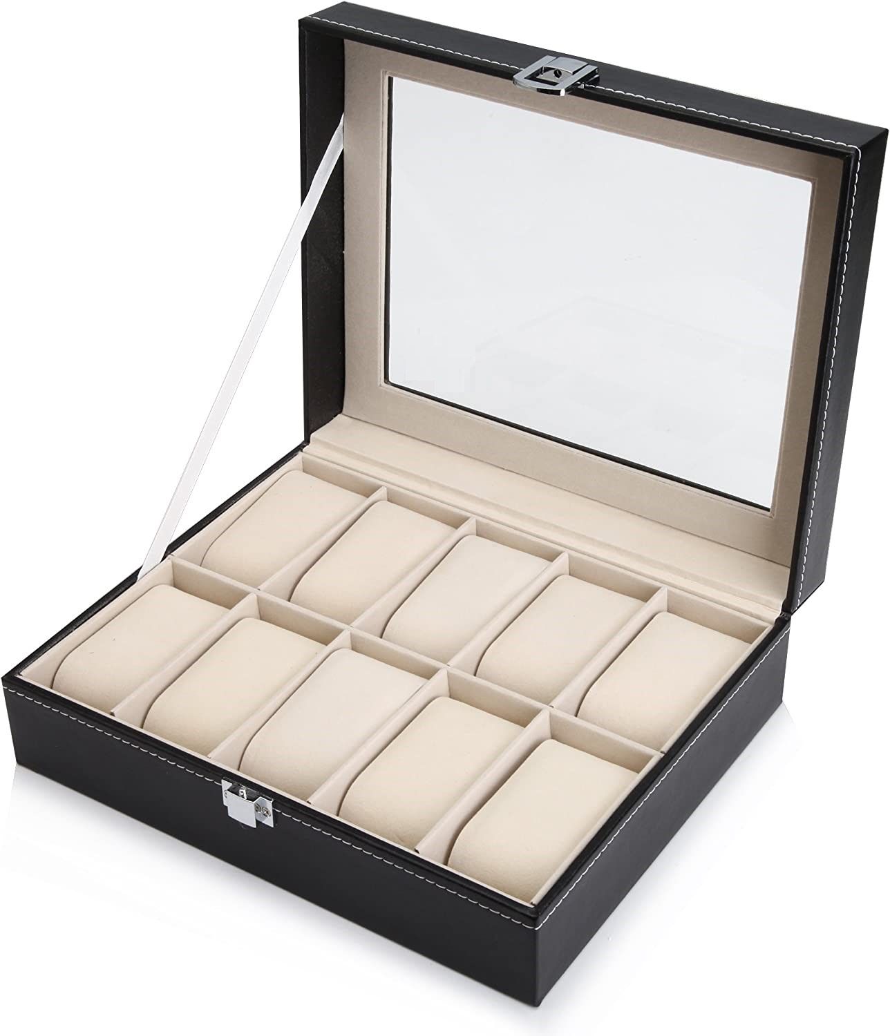 leather watch box with glass lid and 10 slots