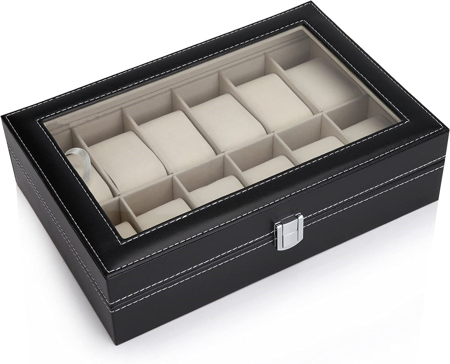 Deluxe 12-Slot Black PU Leather Watch Organizer – Display Box for Men & Women | Elegant Glass Lid & Velvet Lining
