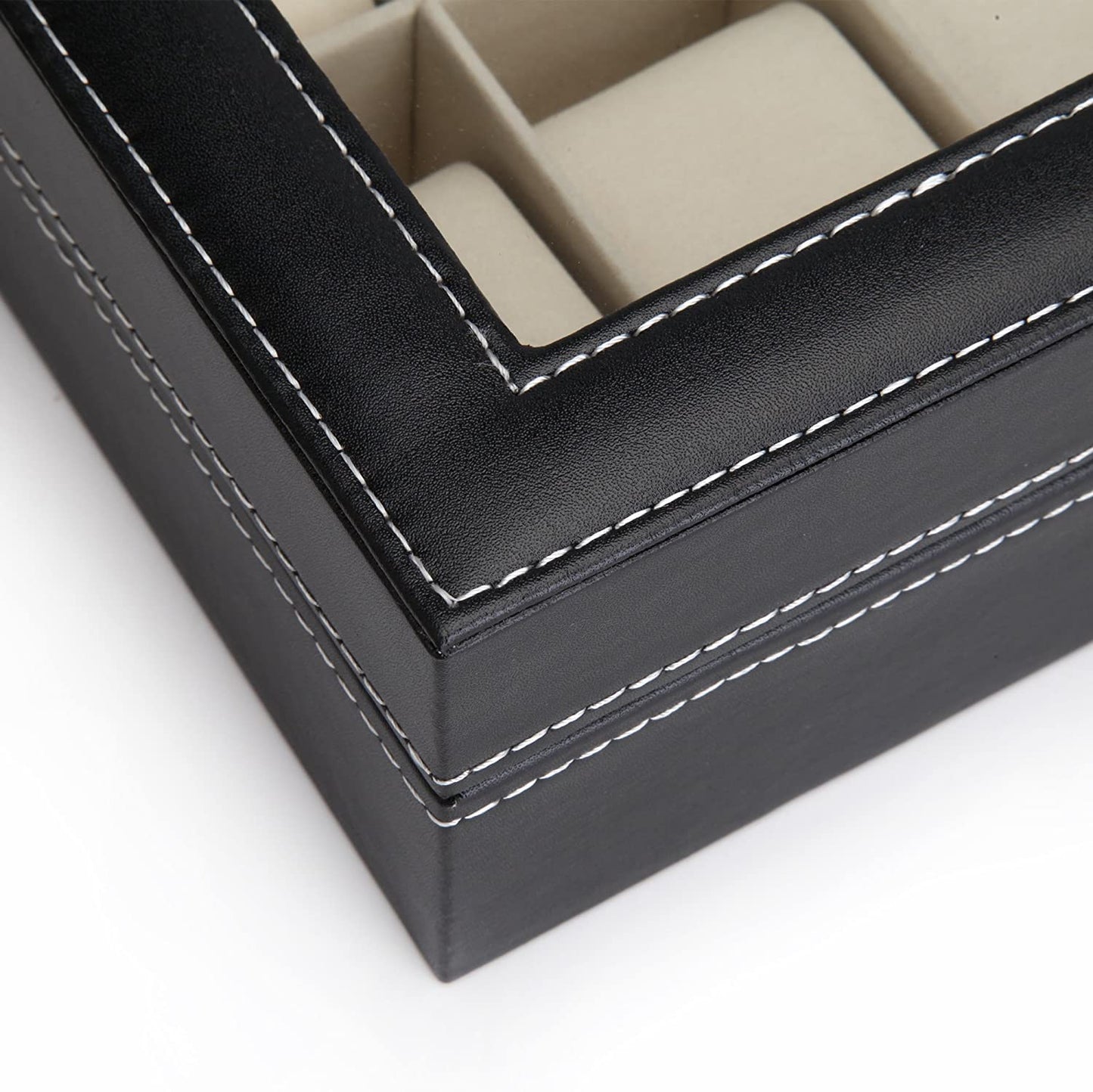 Deluxe 12-Slot Black PU Leather Watch Organizer – Display Box for Men & Women | Elegant Glass Lid & Velvet Lining