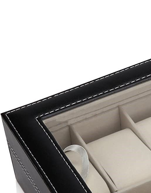 Deluxe 12-Slot Black PU Leather Watch Organizer – Display Box for Men & Women | Elegant Glass Lid & Velvet Lining