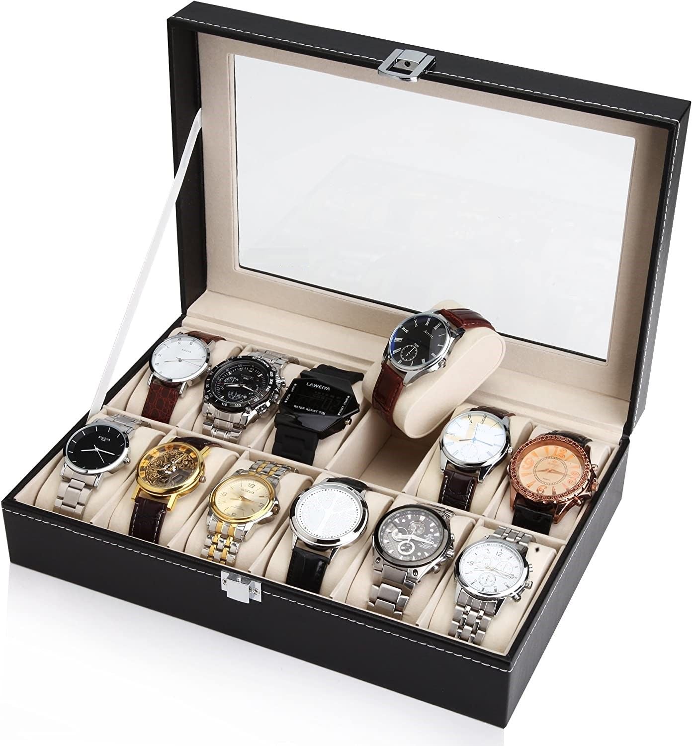 Deluxe 12-Slot Black PU Leather Watch Organizer – Display Box for Men & Women | Elegant Glass Lid & Velvet Lining