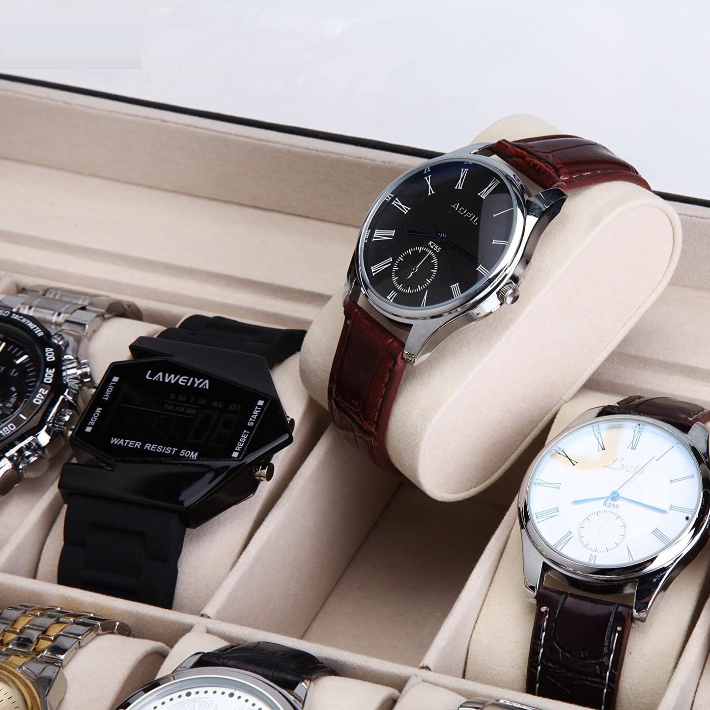 Deluxe 12-Slot Black PU Leather Watch Organizer – Display Box for Men & Women | Elegant Glass Lid & Velvet Lining
