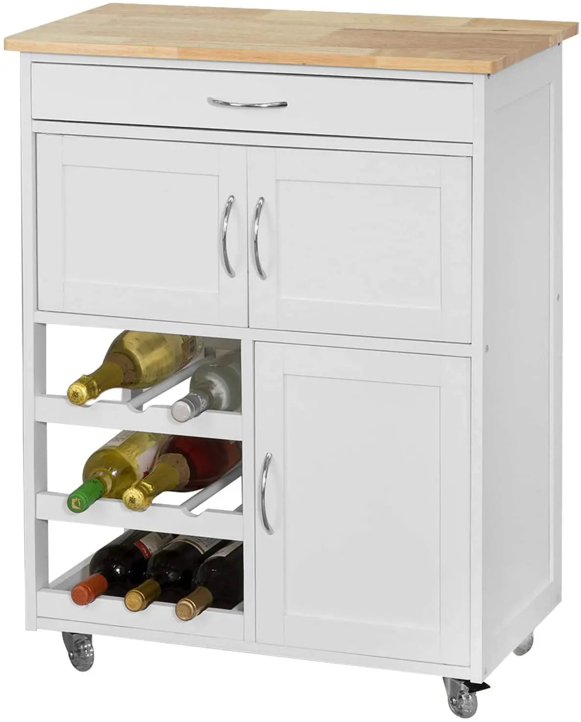 Scandinavian kitchen trolley with rubber wood top wine storage serving elegant dinner party Australian home