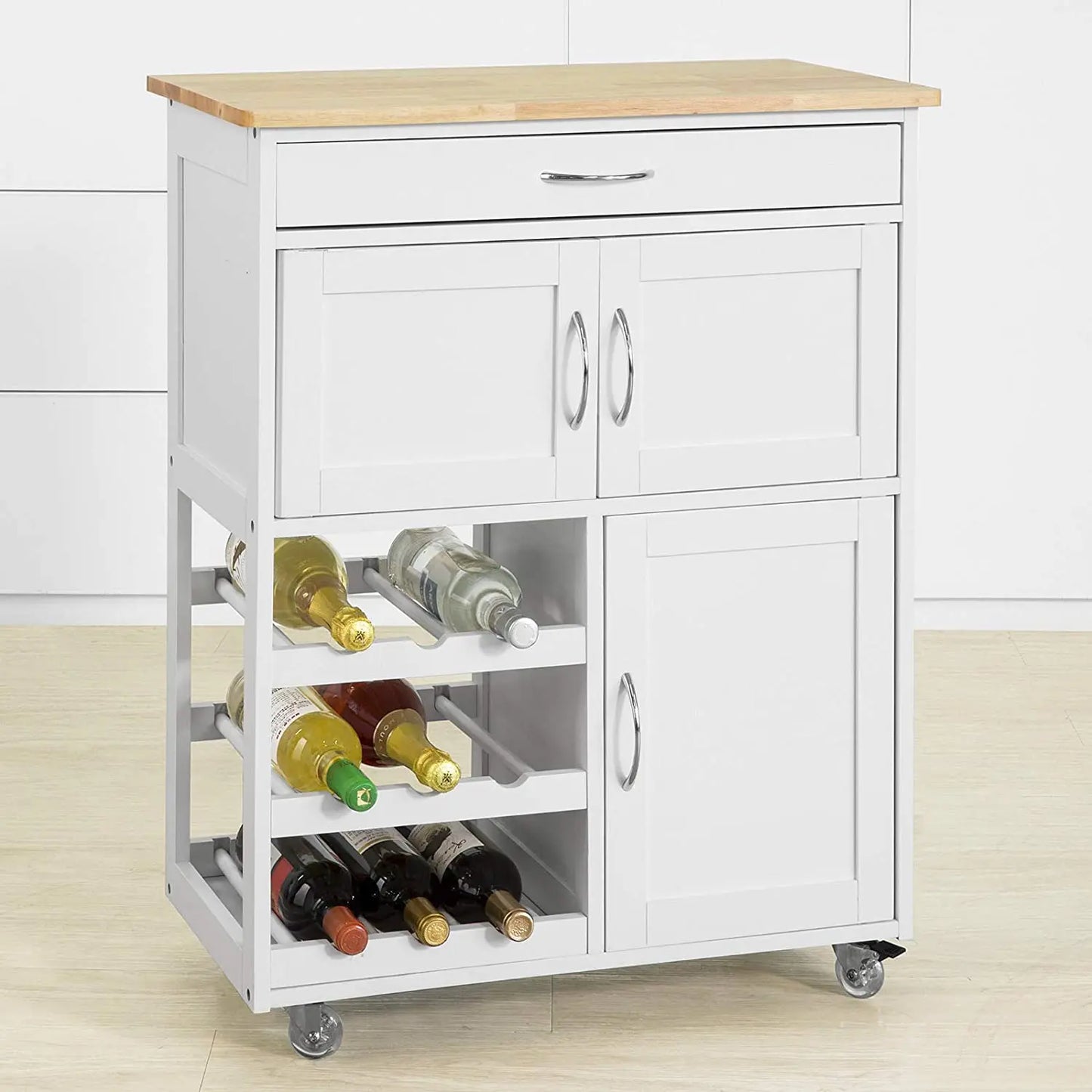 Kitchen trolley storage showing drawer cupboards wine rack organized serving supplies and glassware