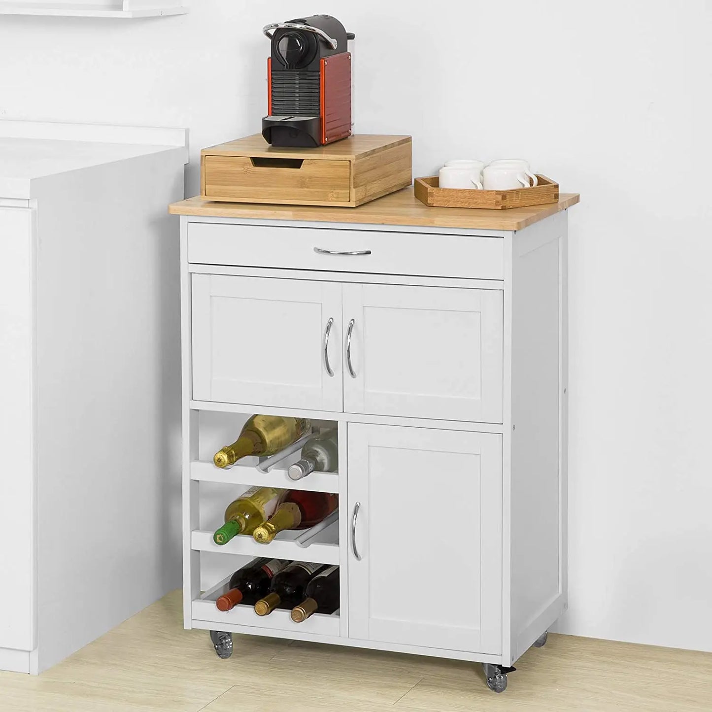 Premium kitchen trolley with wine rack drawer cupboards mobile serving cart modern Australian kitchen