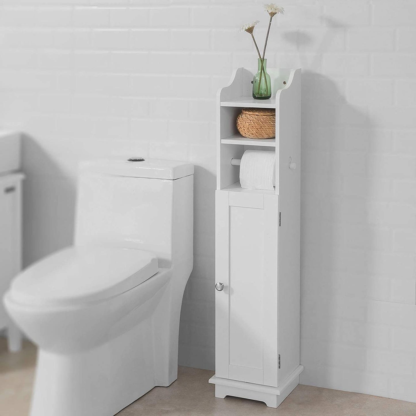 Compact bathroom storage cabinet fitting beside toilet in small Australian apartment bathroom