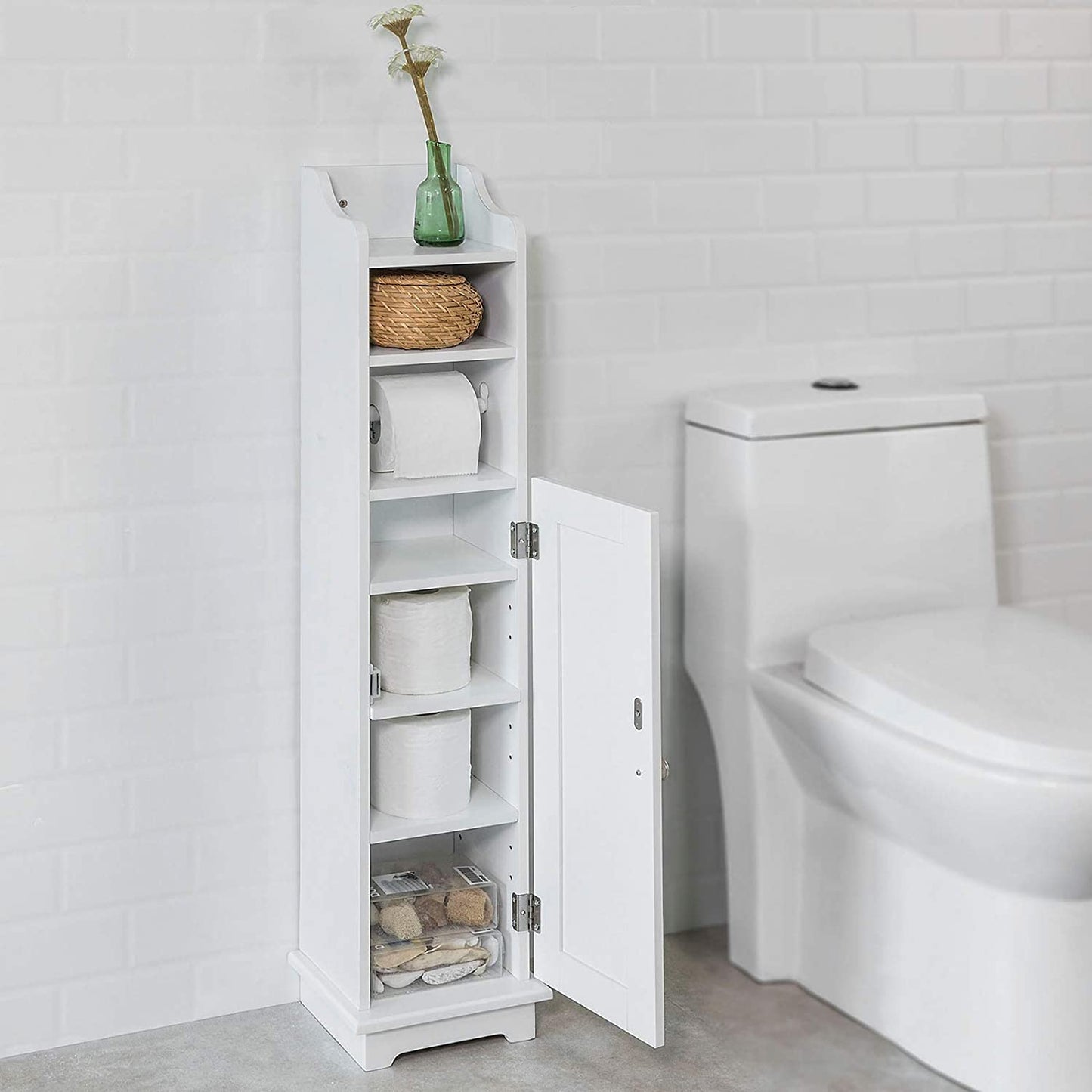 Slim Bathroom Storage Tower - 4-in-1 Toilet Paper Cabinet That Transforms Small Spaces