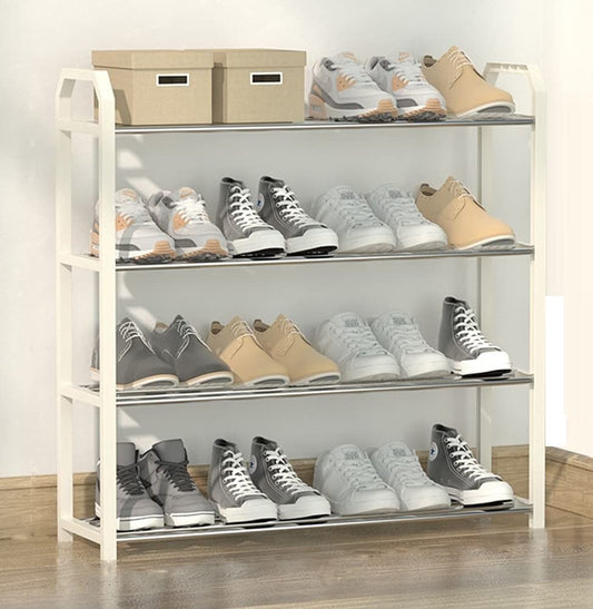 4-tier white shoe rack organizing family shoes in Australian home entryway