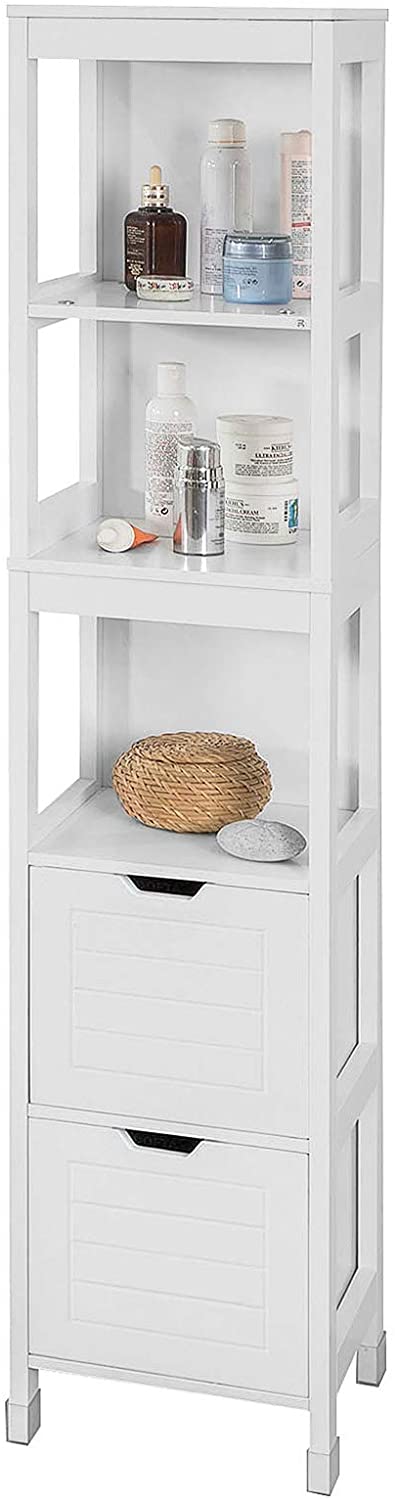 A tall, white freestanding cabinet with four shelves and two drawers, suitable for storage in a bathroom or other small space.