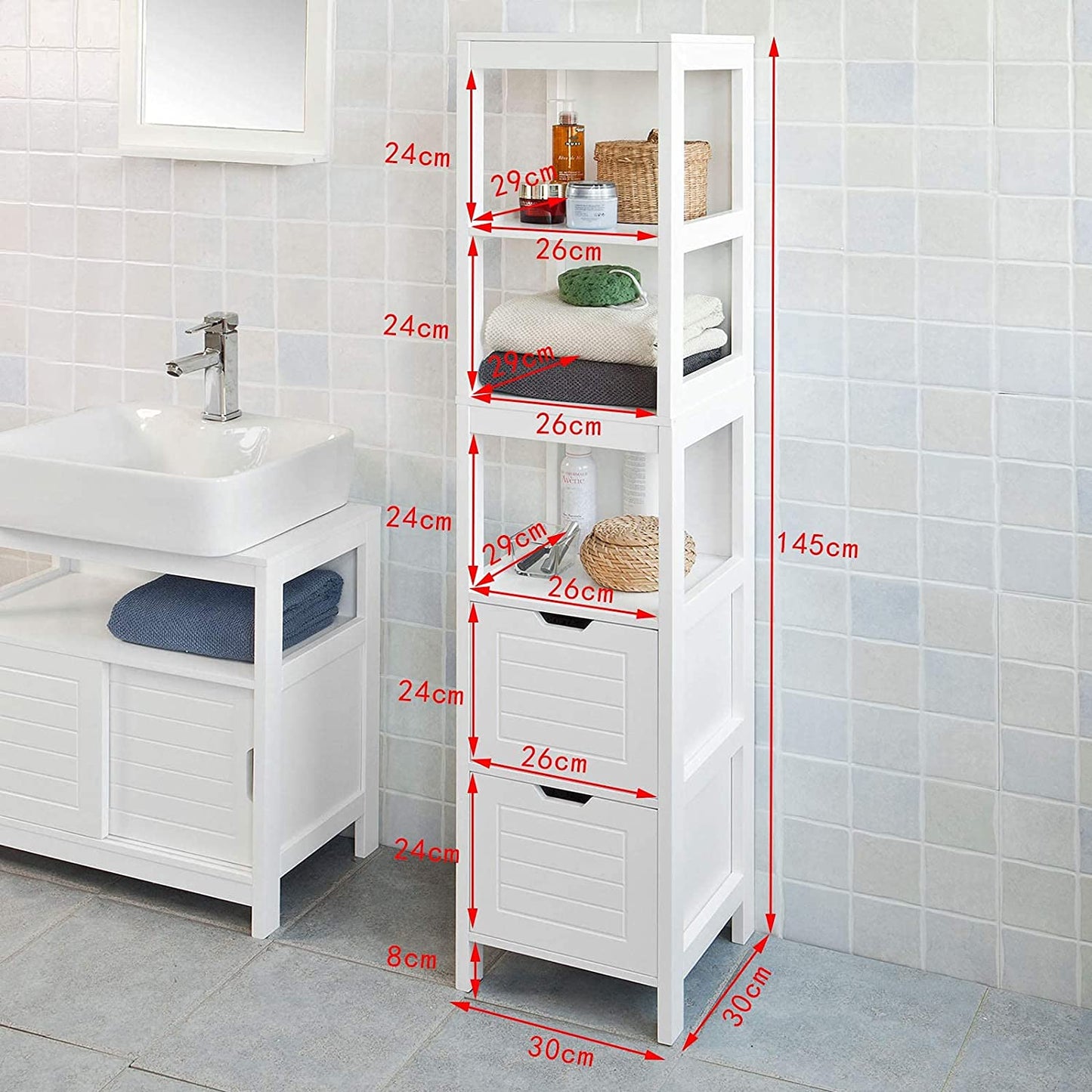Modern Tall Cabinet with 4 Shelves & 2 Drawers – Space-Saving Organiser