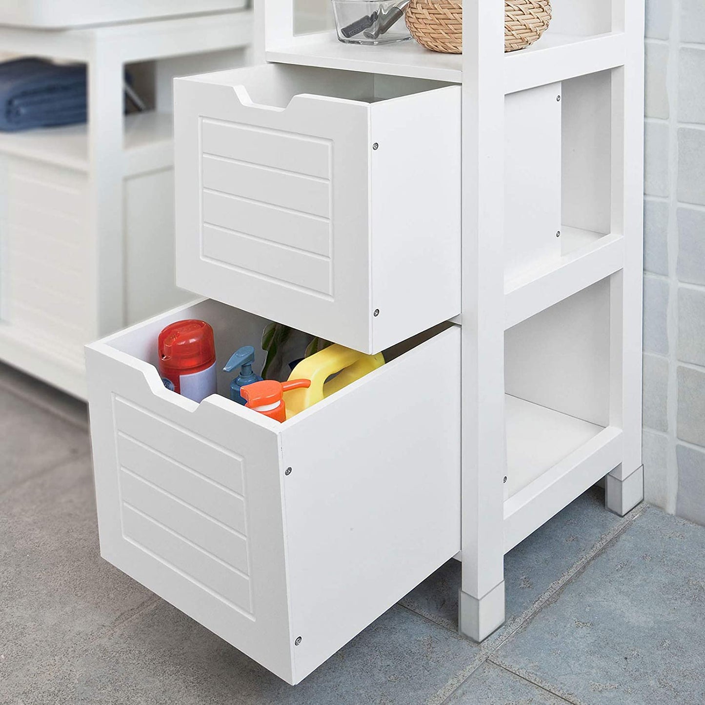 Modern Tall Cabinet with 4 Shelves & 2 Drawers – Space-Saving Organiser