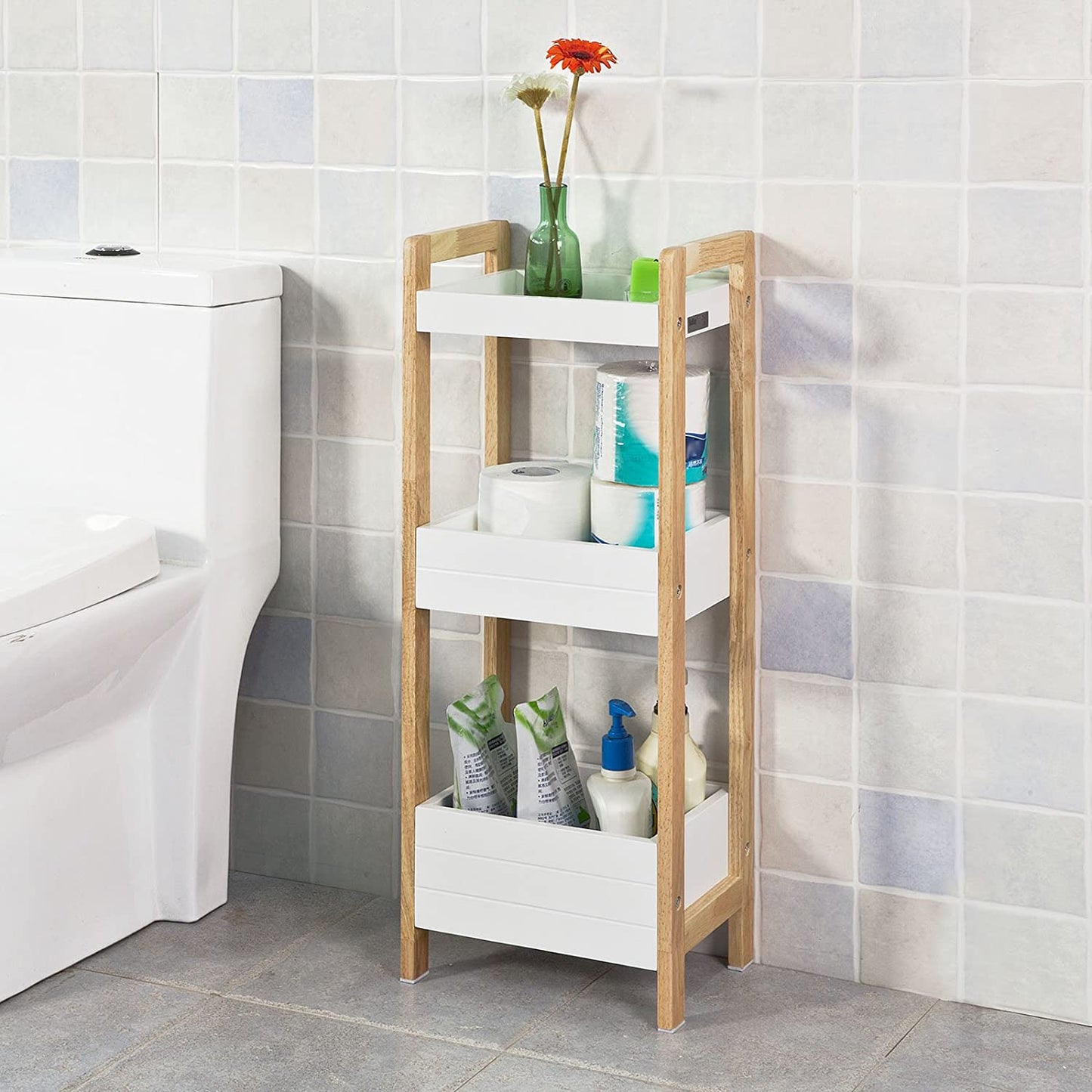 Slim 3-Tier White Bathroom Shelf – Narrow Freestanding Storage for Small Spaces