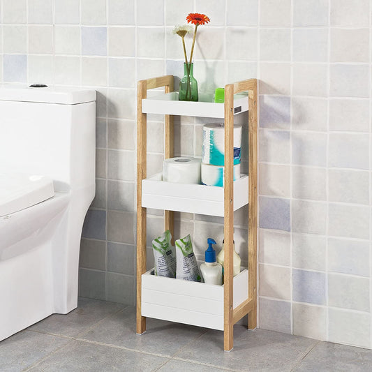 Slim 3-Tier White Bathroom Shelf – Narrow Freestanding Storage for Small Spaces