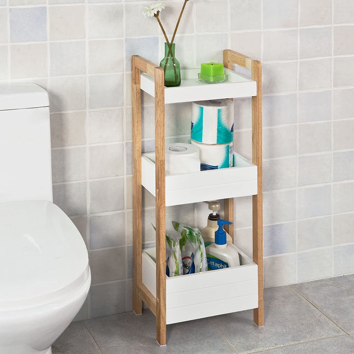 Slim 3-Tier White Bathroom Shelf – Narrow Freestanding Storage for Small Spaces