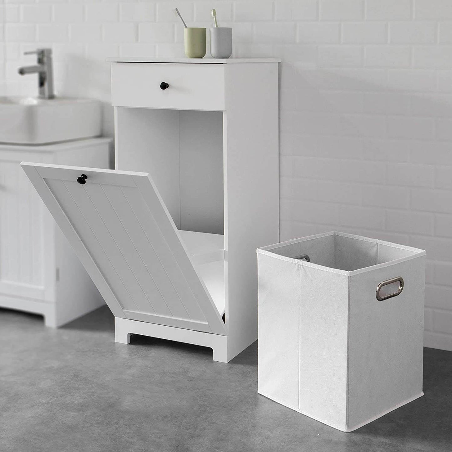 Modern white laundry organiser for small bathrooms