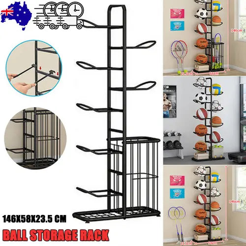 Family home garage organization with ball storage rack and sports gear