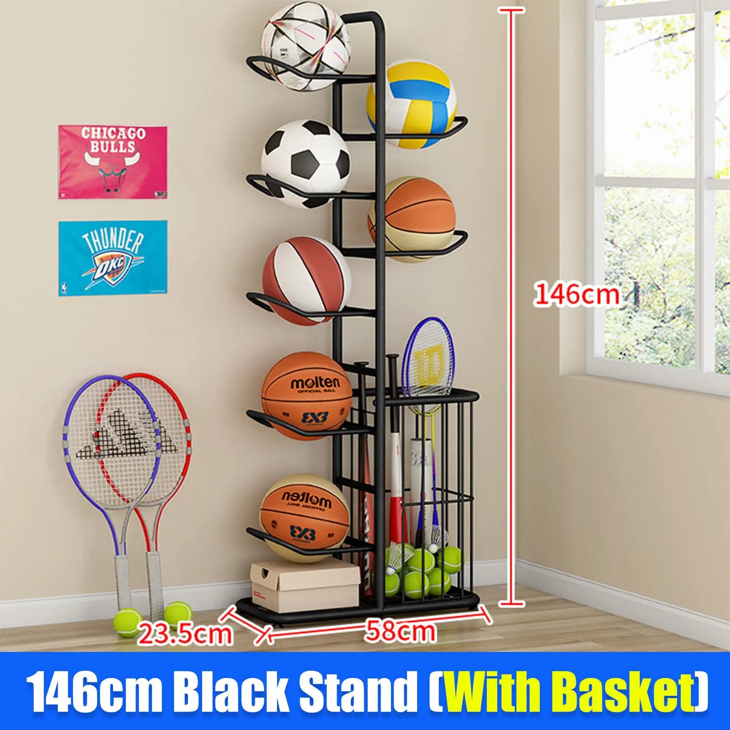 Ball storage rack dimensions 146cm height with removable hanging bars