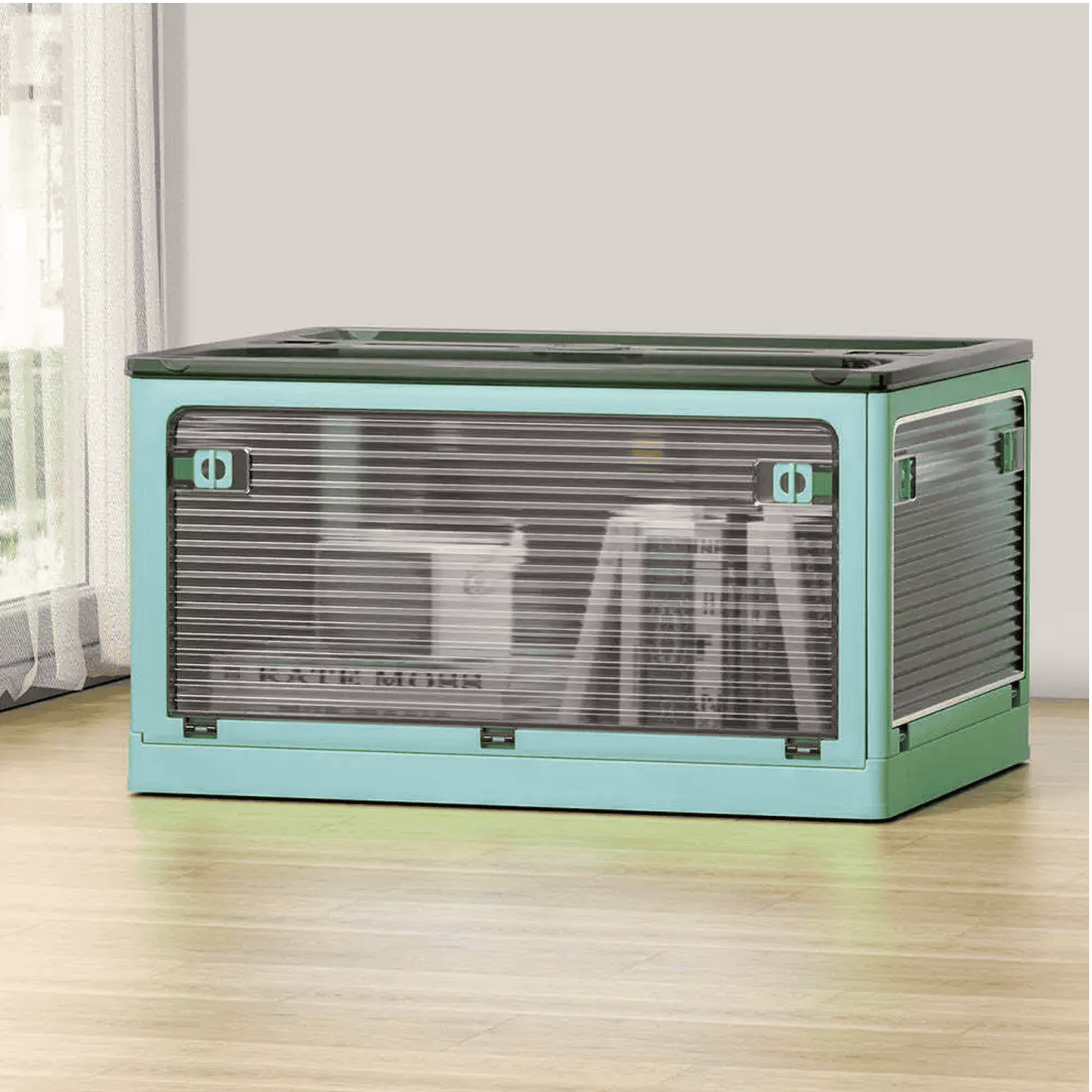 28L blue rolling storage box with clear walls and wheels for easy movement